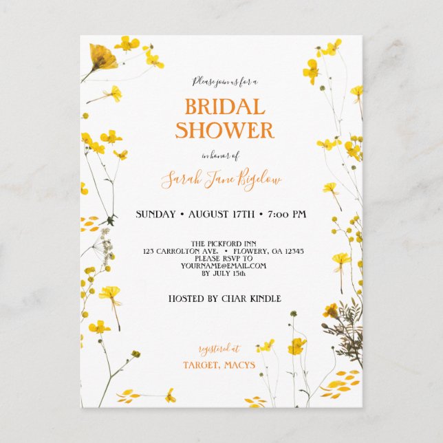 Postal De Invitación Presión presupuestaria Flor silvestre Boho Bridal  (Anverso)