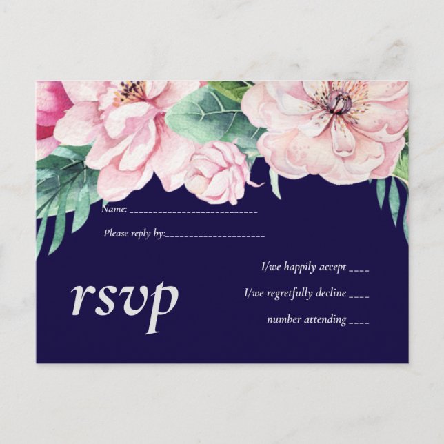 Postal De Invitación Presupuesto Boda moderno con flores rosadas azul d (Anverso)