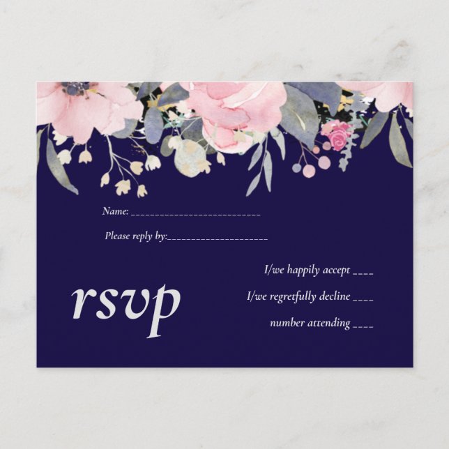 Postal De Invitación Presupuesto Boda moderno con flores rosadas azul d (Anverso)