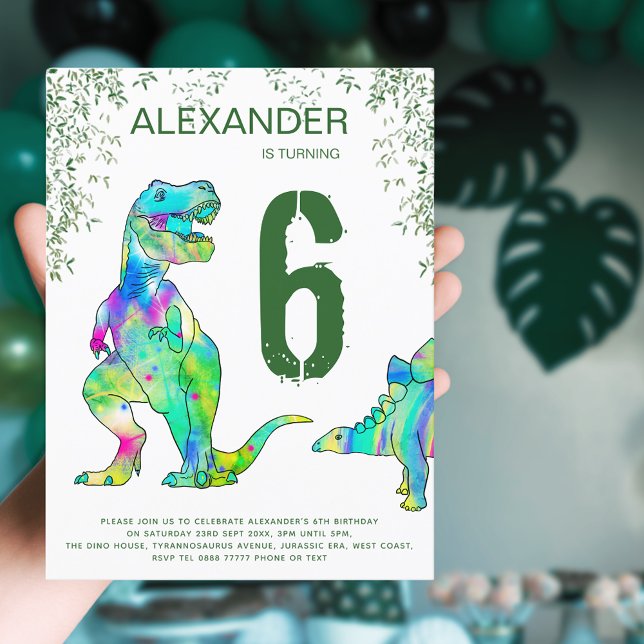 Postal De Invitación Presupuesto de fiesta de cumpleaños de dinosaurio  (Colorful dinosaur 6th birthday party budget invitation with T-Rex and stegosaurus dino)
