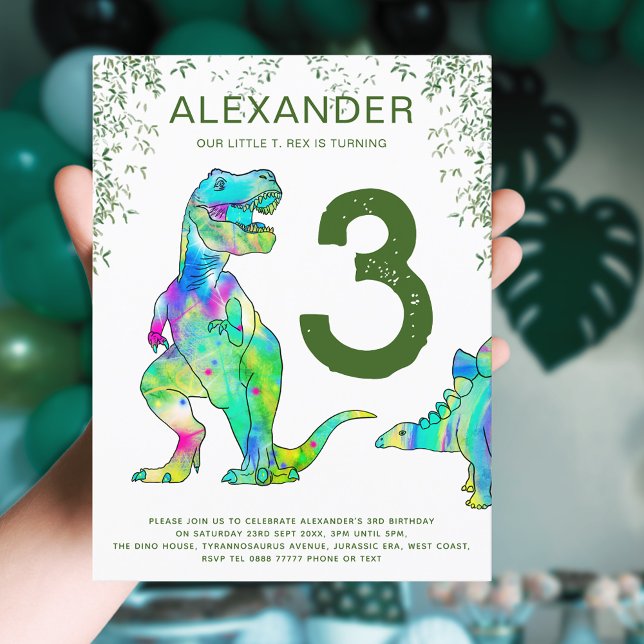 Postal De Invitación Presupuesto de la fiesta de cumpleaños número 3 de (T-Rex dinosaur jungle 3rd birthday party budget invitation postcard green)