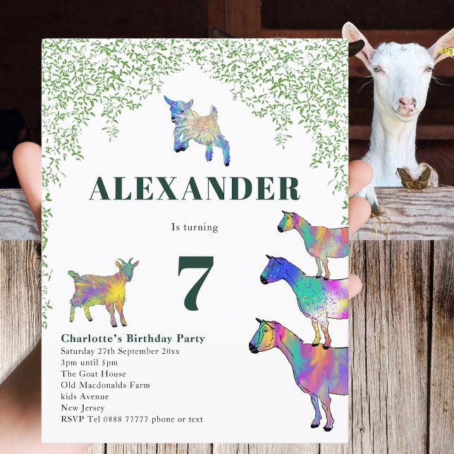 Postal De Invitación Presupuesto de la Fiesta de Nacimiento Animal de l (Goat themed 7th birthday party budget invitation postcard colorful animal art watercolor )