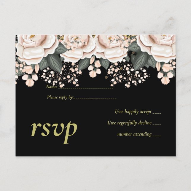 Postal De Invitación Presupuesto del Boda floral negro rosa Rubor (Anverso)