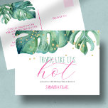 Postal De Invitación Presupuesto del Partido de Cumpleaños 50 de Luau t<br><div class="desc">Esta postal de 50 años con temática tropical es perfecta para su evento económico. El diseño presenta las originales hojas de palma color agua monstera de Victoria Grigaliunas. Las palabras "Tropic Like It's Hot" se encuentran en la tipografía de escritura a mano a la moda en tonos turquesa y rosa....</div>