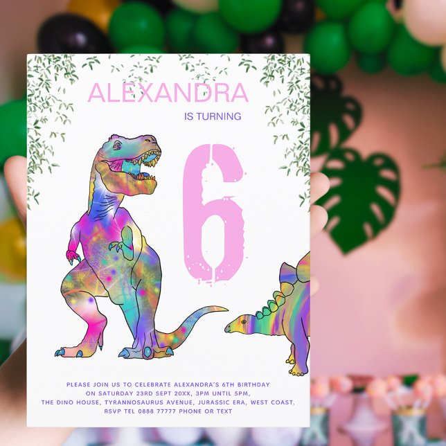 Postal De Invitación Presupuesto del partido de cumpleaños de las chica (Colorful Dinosaur girls birthday party invitation postcard with T-Rex stegosaurus and jungle foliage)