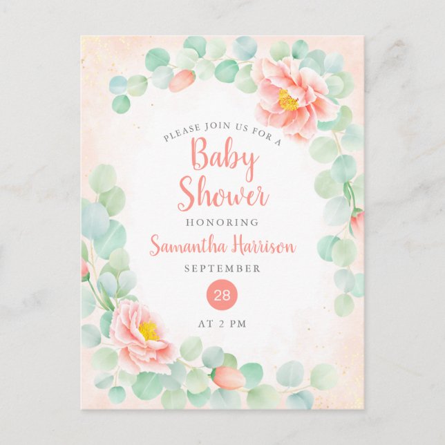 Postal De Invitación Presupuesto Eucalyptus Foliage Floral Peach Baby S (Anverso)