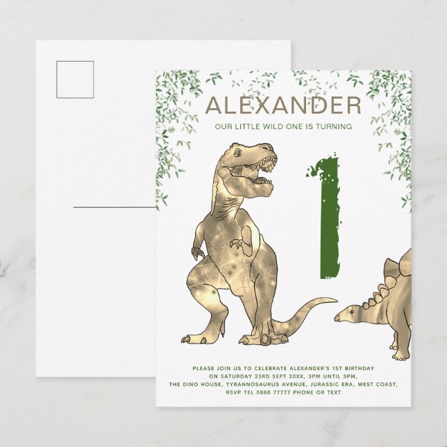 Postal De Invitación Presupuesto Fiesta de cumpleaños 1 dinosaurio salv (Anverso / Reverso)