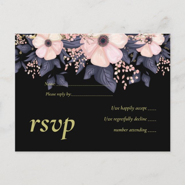 Postal De Invitación Presupuesto floral del Boda negro azul turbio y ro (Anverso)