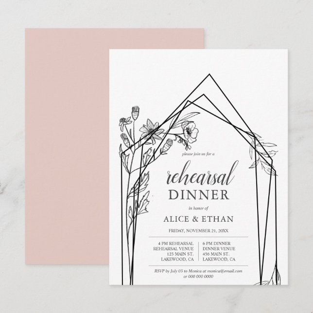 Postal De Invitación Presupuesto Flores De Boho Ensayo Geométrico Cena  (Anverso / Reverso)