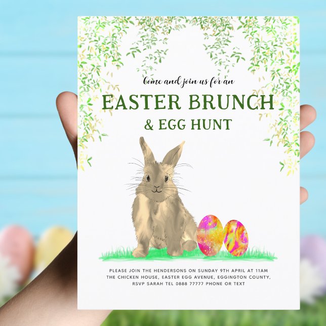 Postal De Invitación Presupuesto para caza de huevos y brunch de los co (Easter brunch and egg hunt watercolor cute Easter bunny and eggs invitation )