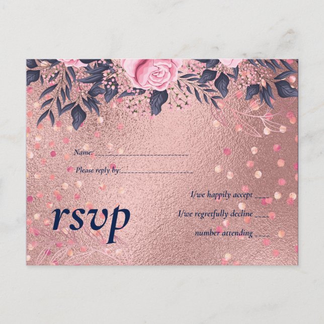 Postal De Invitación PRESUPUESTO Rosegold Blue Pink BODA Girly Glam (Anverso)