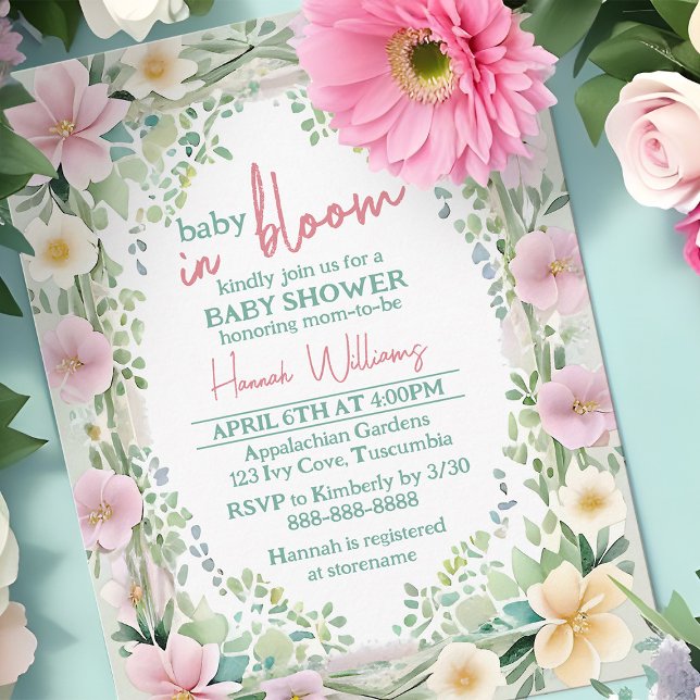 Postal De Invitación Primavera acuarela Bloom Presupuesto Niña Ducha (Baby in bloom spring floral budget baby shower invitation, trendy 2024 colors  of mint, peach & pink)