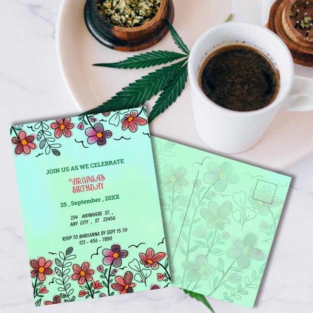 POSTAL DE INVITACIÓN PRIMAVERA ÚNICA DOODLE ROJO FLORES CUMPLEAÑOS (Subido por el creador)