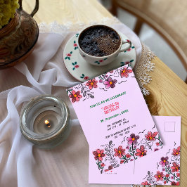 POSTAL DE INVITACIÓN PRIMAVERA ÚNICA DOODLE ROJO FLORES CUMPLEAÑOS