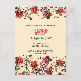 POSTAL DE INVITACIÓN PRIMAVERA ÚNICA DOODLE ROJO FLORES CUMPLEAÑOS