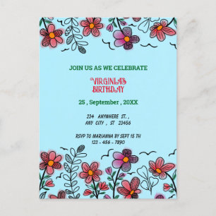 POSTAL DE INVITACIÓN PRIMAVERA ÚNICA DOODLE ROJO FLORES CUMPLEAÑOS