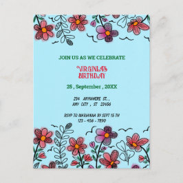 POSTAL DE INVITACIÓN PRIMAVERA ÚNICA DOODLE ROJO FLORES CUMPLEAÑOS