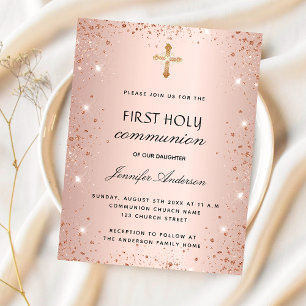 Postal De Invitación Primer chica rosa purpurina de oro de la comunión