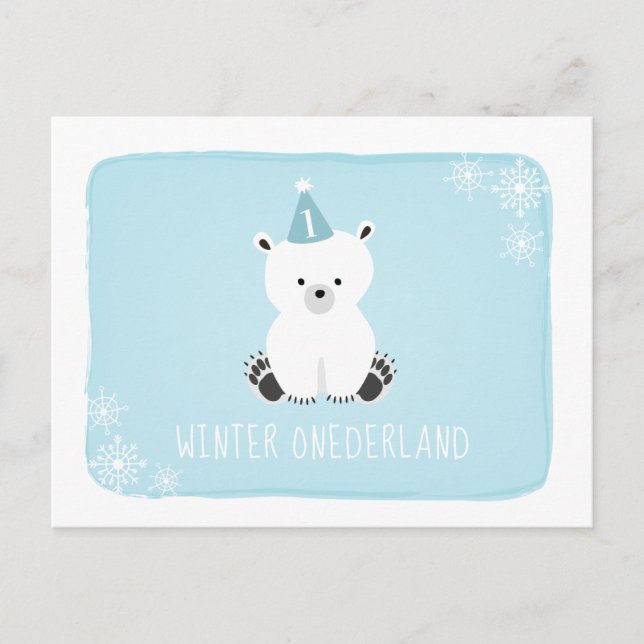 Postal De Invitación Primer cumpleaños de Oso Polar Azul Invierno de On (Anverso)