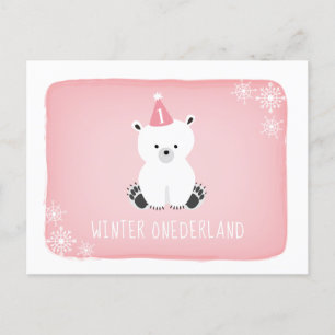 Postal De Invitación Primer cumpleaños de Oso Polar Rosado Invierno de 