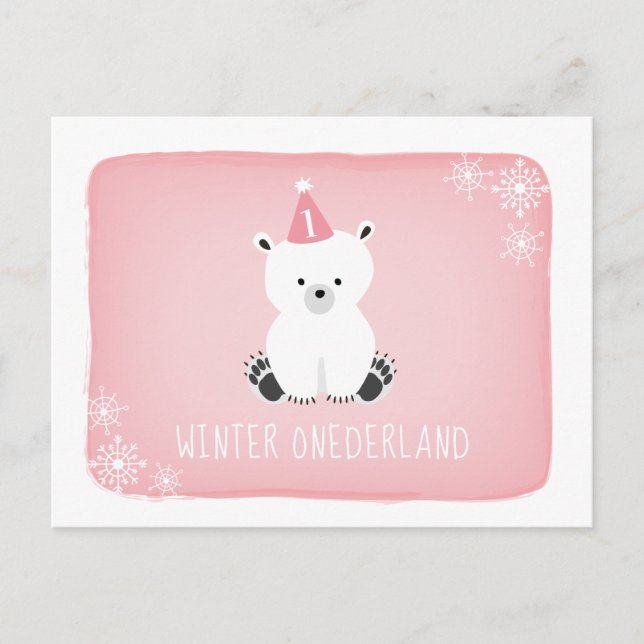 Postal De Invitación Primer cumpleaños de Oso Polar Rosado Invierno de  (Anverso)