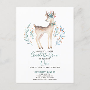 Postal De Invitación Primer cumpleaños del bebé de venados de bosque de