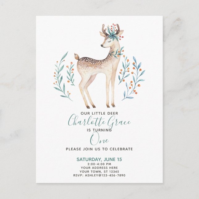 Postal De Invitación Primer cumpleaños del bebé de venados de bosque de (Anverso)