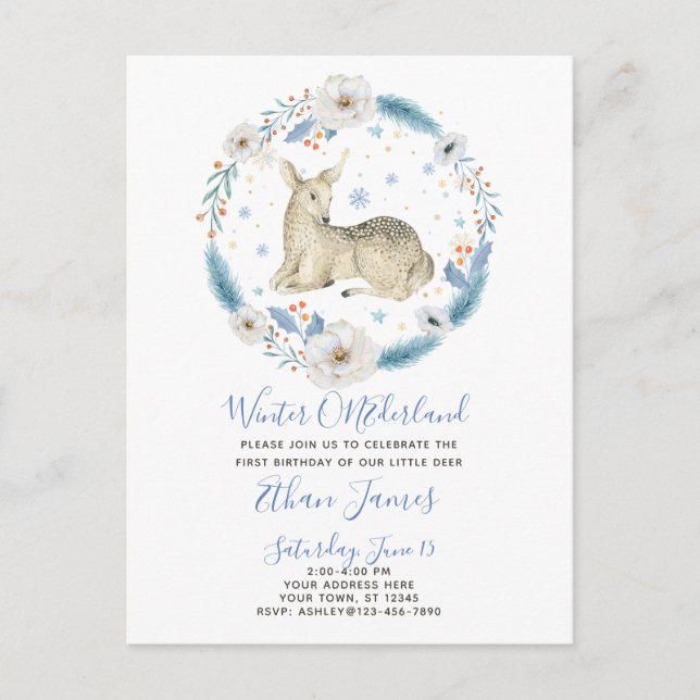 Postal De Invitación Primer cumpleaños del bebé floral de venados de On (Anverso)