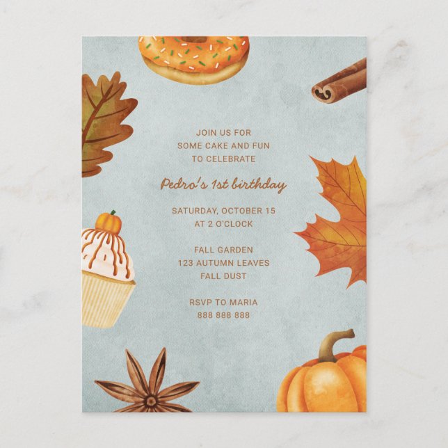 Postal De Invitación Primer cumpleaños niño Calabaza de otoño uno (Anverso)