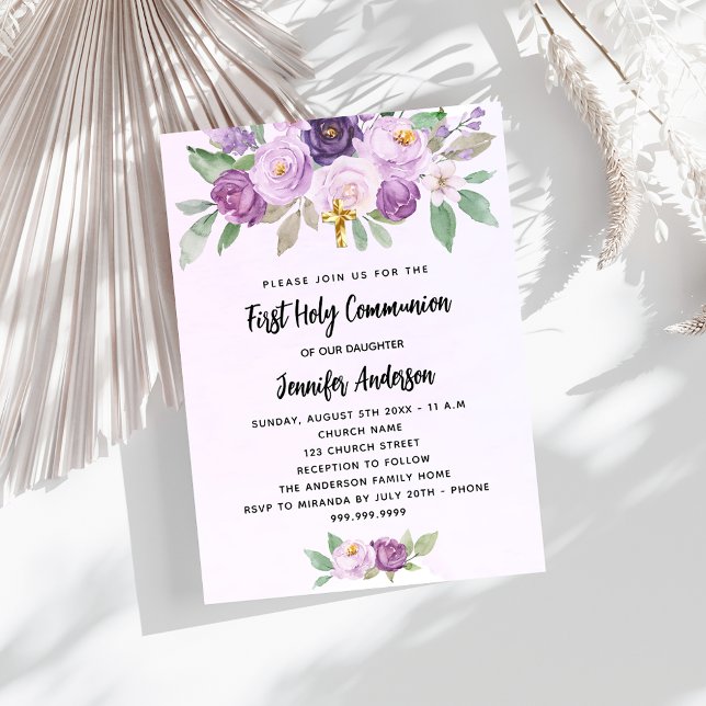 Postal De Invitación Primera cruz de flores violeta de la Comunión (Subido por el creador)