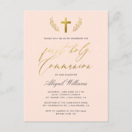 Postal De Invitación Primera Santa Comunión de la Caligrafía Rosa y Oro