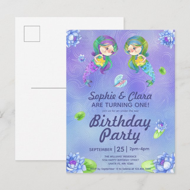 Postal De Invitación Primeras sirenas bajo el mar Chicas gemelos cumple (Anverso / Reverso)