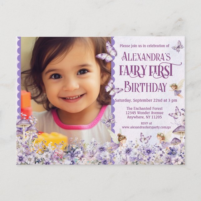 Postal De Invitación Primeros cumpleaños de foto de Purple Floral Fairy (Anverso)