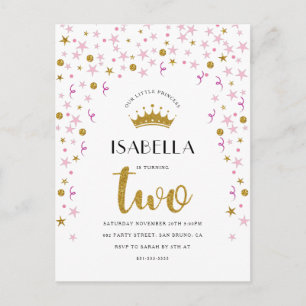 Postal De Invitación Princesa 2 cumpleaños Confetti de oro y rosa