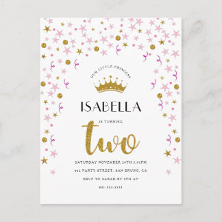 Postal De Invitación Princesa 2 cumpleaños | Confetti de oro y rosa