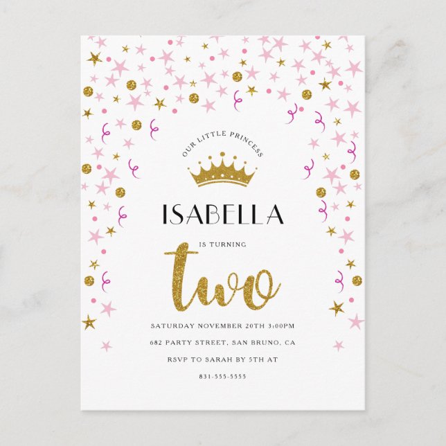 Postal De Invitación Princesa 2 cumpleaños | Confetti de oro y rosa (Anverso)