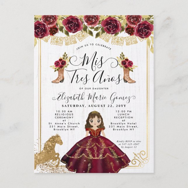 Postal De Invitación Princesa Dorada Floral Borgoña Mis 3 Años Cumpleañ (Anverso)