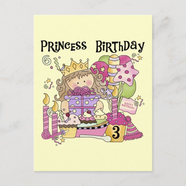 Postal De Invitación Princesa fiesta 3 camisetas de cumpleaños y regalo (Anverso)