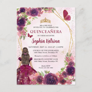 Postal De Invitación Princesa Floral de oro de ciruela roja de ciruela