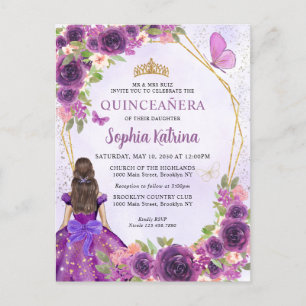 Postal De Invitación Princesa Floral de oro morado oscuro Quinceañera
