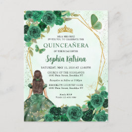 Postal De Invitación Princesa floral de oro verde esmeralda Quinceañera