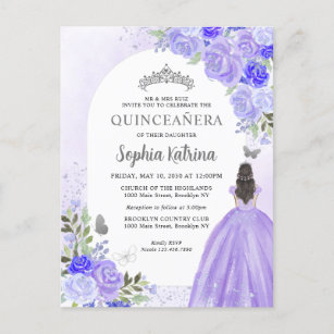 Postal De Invitación Princesa Floral Violeta Morada Cumpleaños Quincean