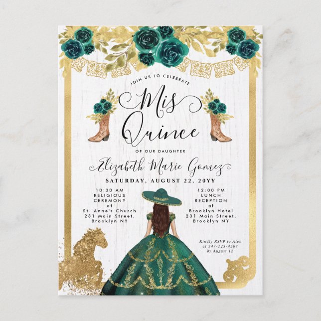 Postal De Invitación Princesa Quinceanera de floral esmeralda verde (Anverso)