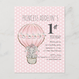 Postal De Invitación Princesa Rosa Elefante Globo Puntos Cumpleaños 1