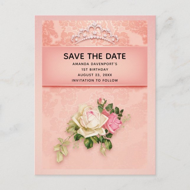 Postal De Invitación Princesa Tiara de flores y diamantes rosados Salve (Anverso)