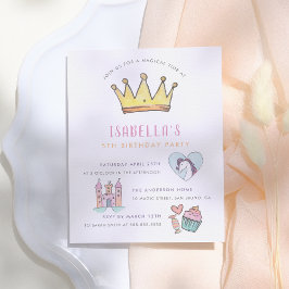 Postal De Invitación Princesa Unicornio y Castillo Fiesta de Cumpleaños
