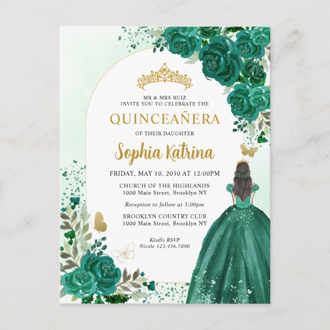 Postal De Invitación Princesa Verde de Esmeralda Floral Cumpleaños Quin (Anverso)