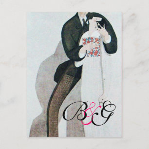 POSTAL DE INVITACIÓN PROMETIDA Y NOVIO ROMÁNTICOS MONOGRAMA DE LA FIEST