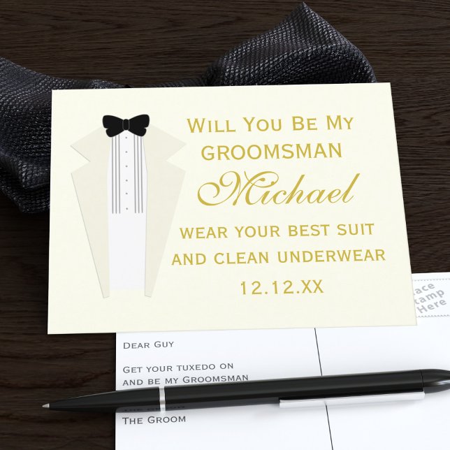 Postal De Invitación Propuesta de Padrino de Traje de Novio (Send this postcard to your Groomsman. He'll say yes (and wear clean underwear))