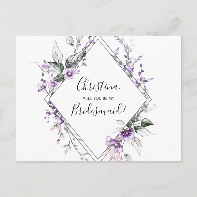 Postal De Invitación Propuesta personalizada de dama de honor morado fl (Anverso)